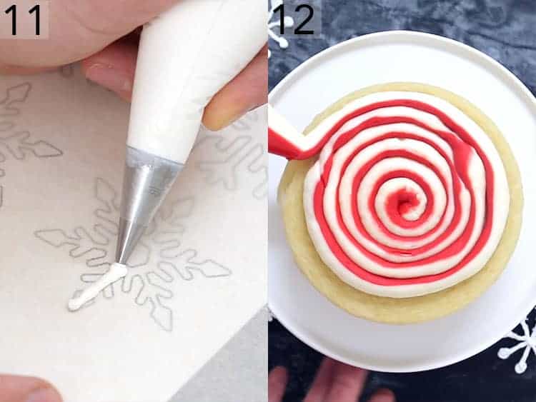 Candy melt snowflakes getting piped and buttercream getting applied to a cake.