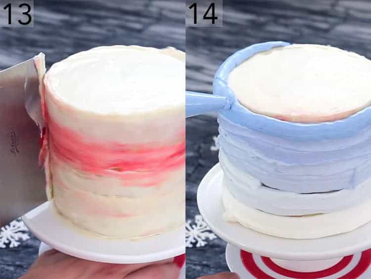 A snowflake cake getting covered in an ombré of blue buttercream