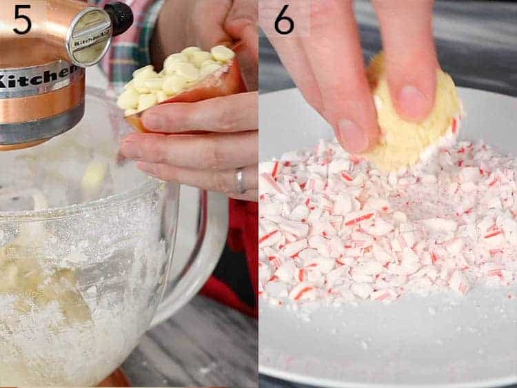 White chocolate and peppermint being added to cookie dough. 