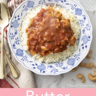 Butter chicken with rice on a blue and white plate.