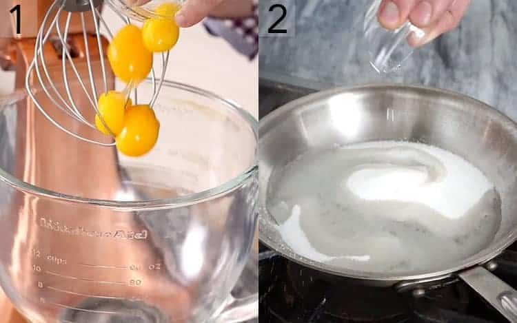 Two photos showing egg yolks being whipped and sugar mixing with water.