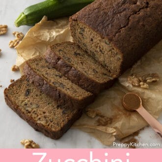 Pinterest graphic of three slices of zucchini bread cut from the loaf.