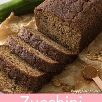 Pinterest graphic of three slices of zucchini bread cut from the loaf.
