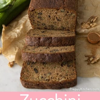 Pinterest graphic of the front view of three slices of zucchini bread cut from the loaf.