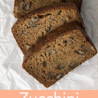 Pinterest graphic of three piece of zucchini bread on parchment paper.