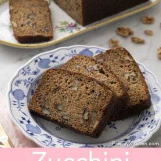 Pinterest graphic of three slices of zucchini bread on plate.