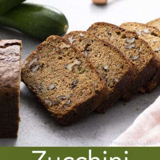 Pinterest graphic of sliced pieces of zucchini bread.