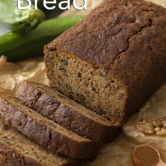 Pinterest graphic of a loaf of zucchini bread with some slices cut in front.