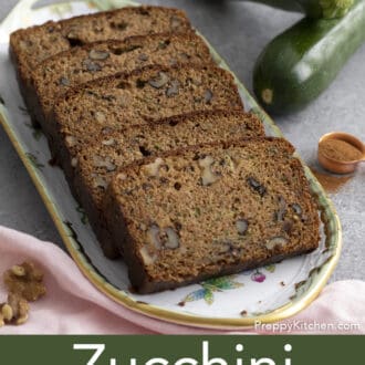 Pinterest graphic of pieces of zucchini bread on tray.