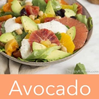 Pinterest graphic of a bowl of avocado salad.
