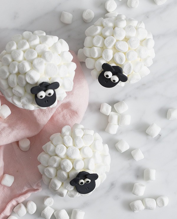 A top down photo of a group of cute sheep cupcakes on a white marble surface