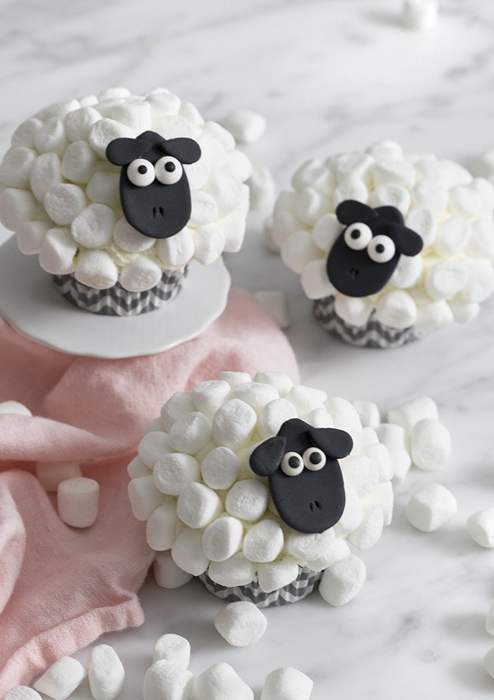A photo showing a group of sheep cupcakes with mini marshmallow fur.