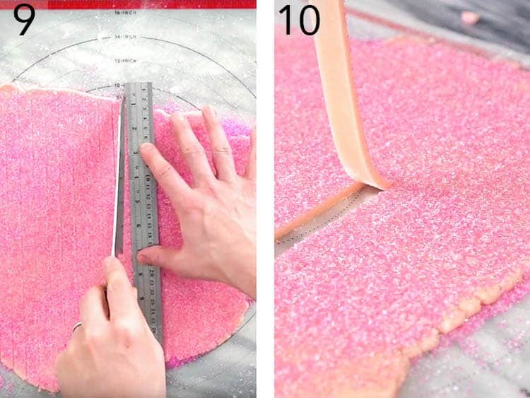 Pink sugar cookie dough getting cut into strips.