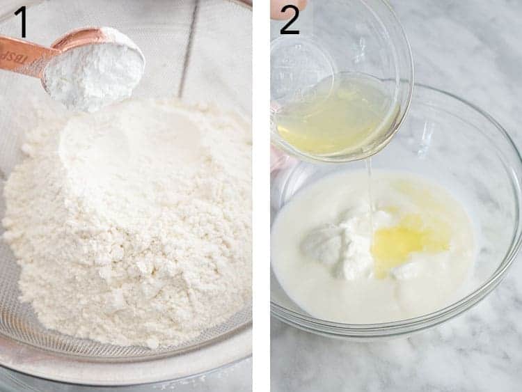 Dry and wet ingredients for valentine heart cake getting mixed in bowls.