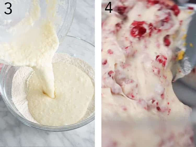 valentine heart cake batter getting mixed with raspberries.