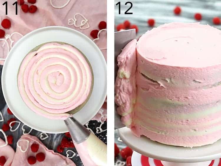 A valentine heart cake getting assembled.