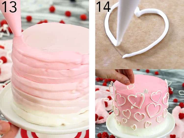 A valentine heart cake getting decorated with a pink ombre and candy melt hearts.