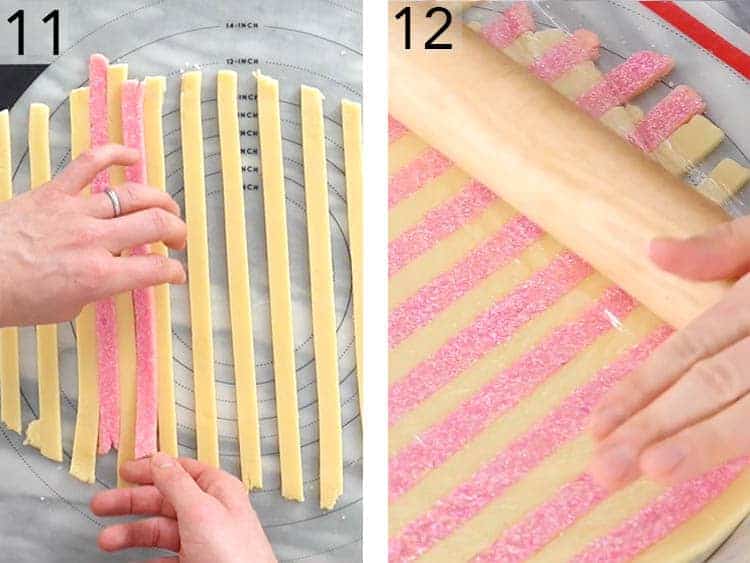 pink and white sugar cookie dough getting laminated