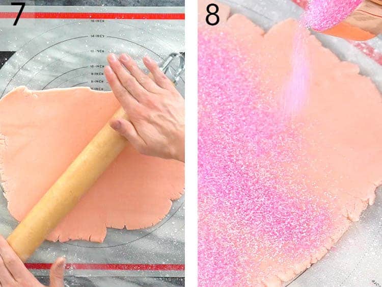 Sugar cookie dough getting rolled out and sprinkles with pink sugar