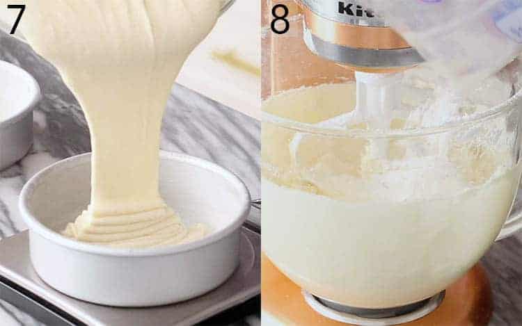 vanilla cake batter getting poured into pans and buttercream being mixed up.