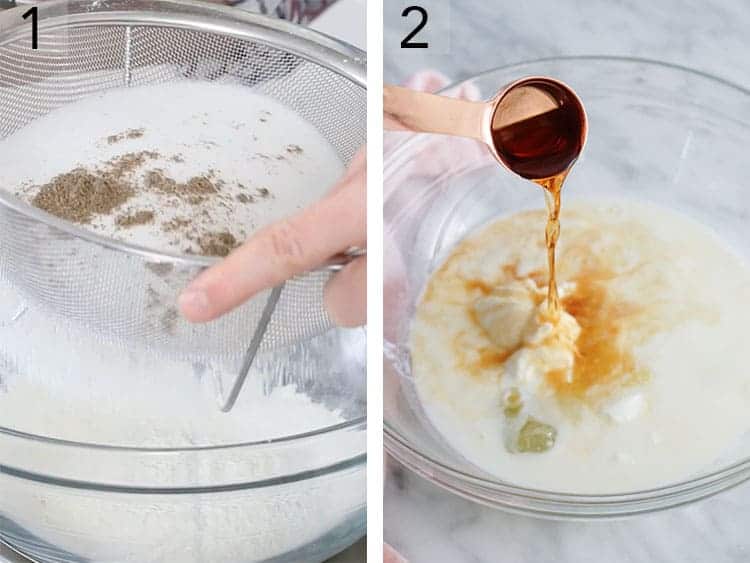 Wet and dry ingredients for a winter wonderland cake getting mixed.