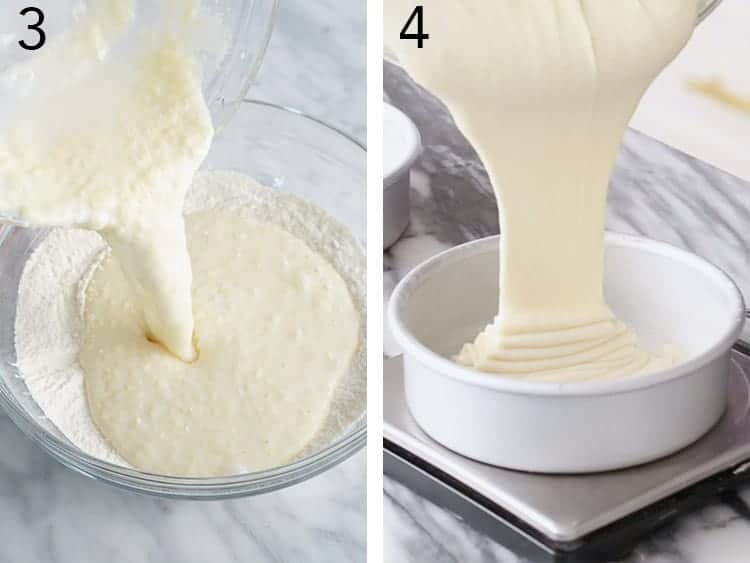 Winter wonderland cake bakker being poured into a cake pan.