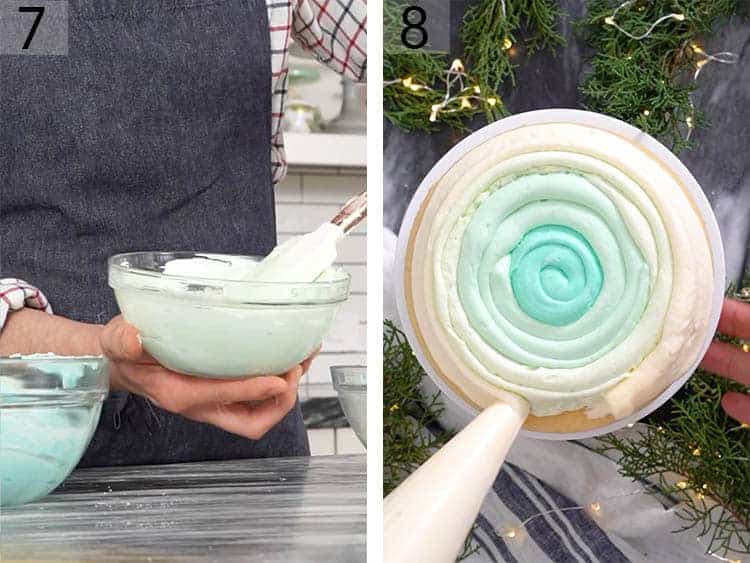 A blue imbre of buttercream getting piped for a winter wonderland cake.