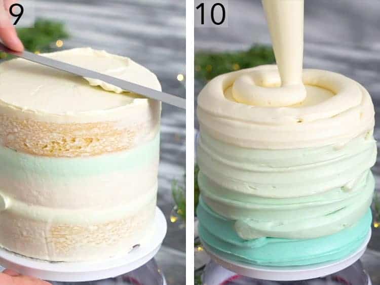 A winter wonderland cake getting covered with buttercream.