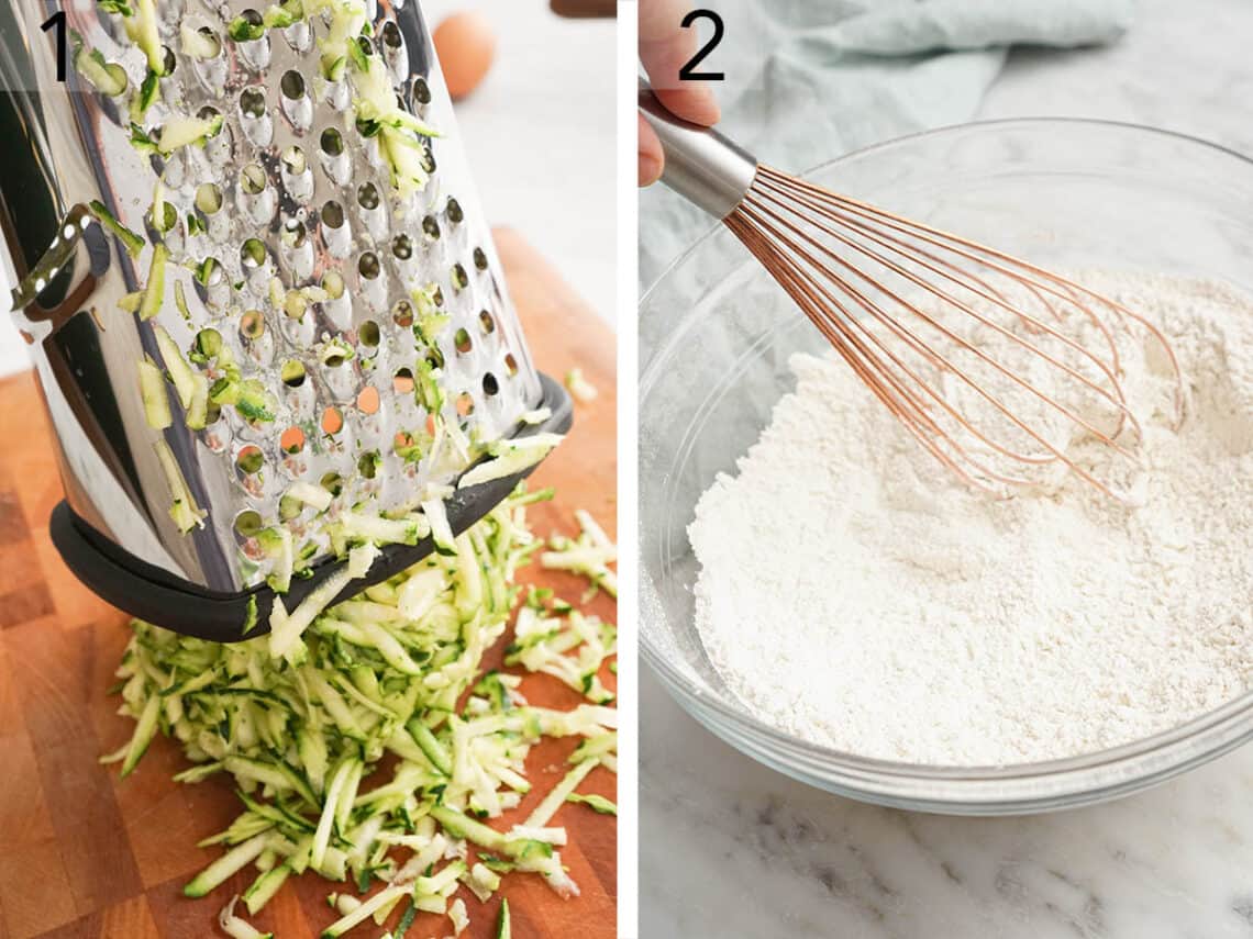 Set of two photos showing zucchini shredded and dry ingredients whisked.