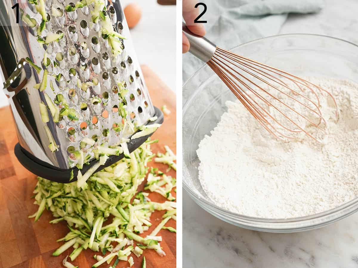 Set of two photos showing zucchini shredded and dry ingredients whisked.