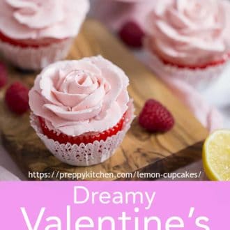 Pinterest graphic of Valentines day rose cupcakes on a wooden board.