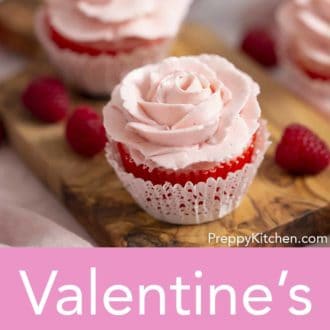 Pinterest graphic of Valentines day rose cupcakes with raspberries scattered around.