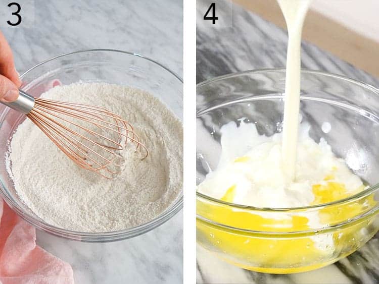 Wet and dry ingredients getting mixer to make raspberry cupcakes.