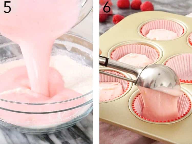 pink cupcake batter for valentine's cupcakes getting poured into cupcake papers. 