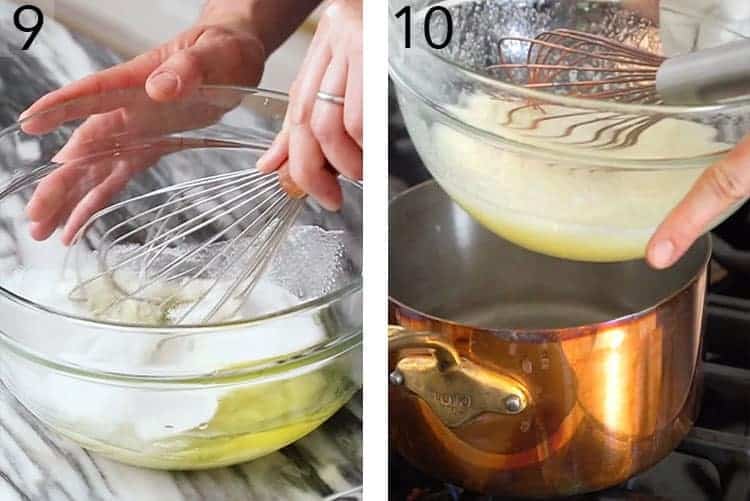 egg whites and sugar mixing together in a glass bowl to make Swiss buttercream.