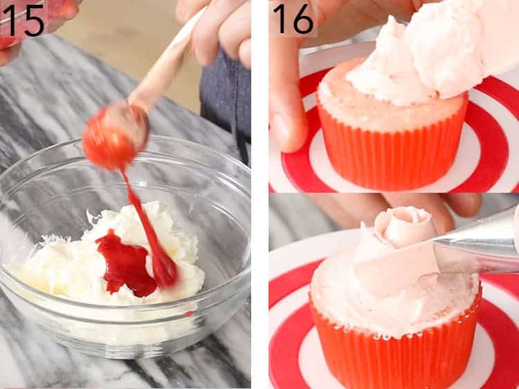 Raspberry reduction getting added to Swiss meringue buttercream.