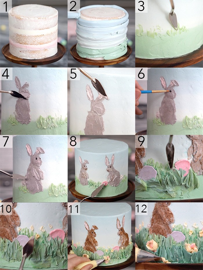 A photo collage showing the steps to create this Easter bunny cake.
