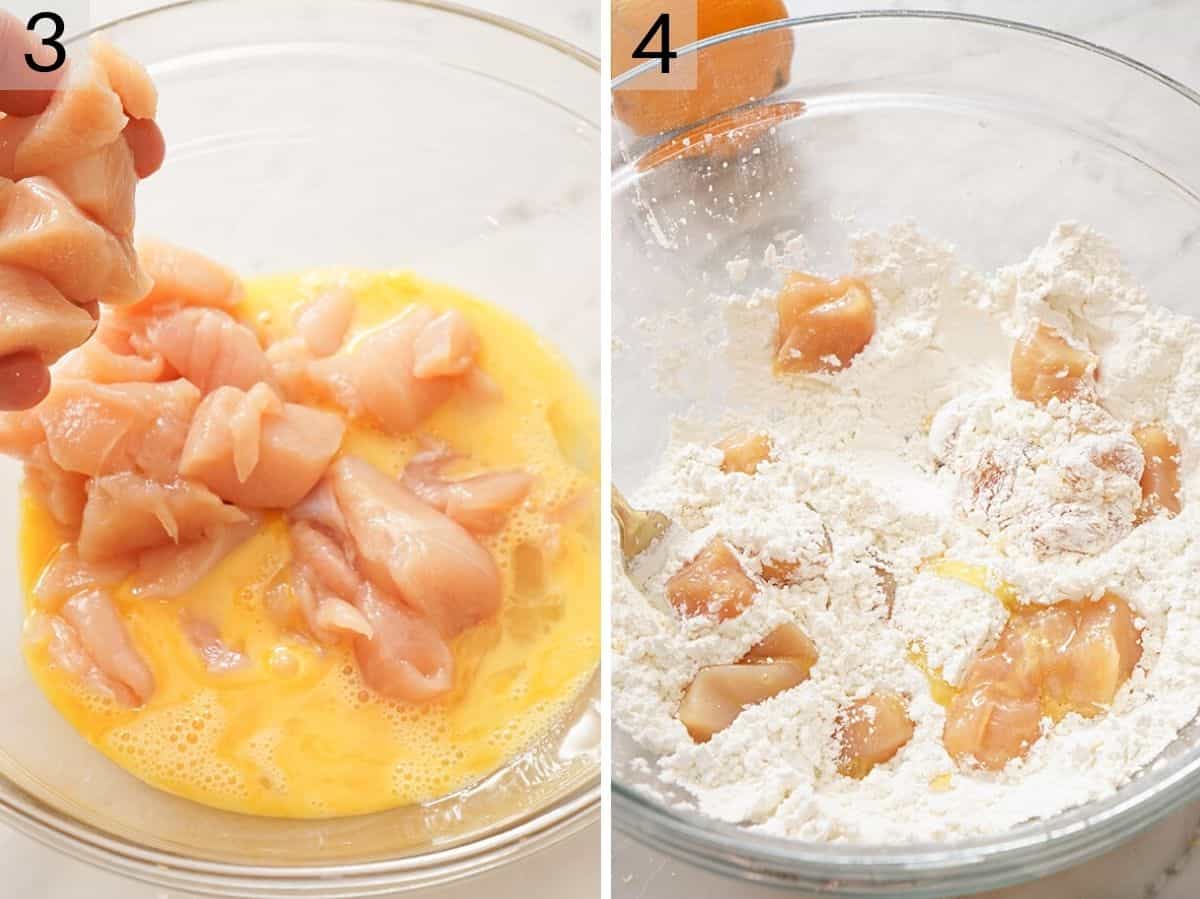 Two photos showing how to dip chicken in egg and then flour