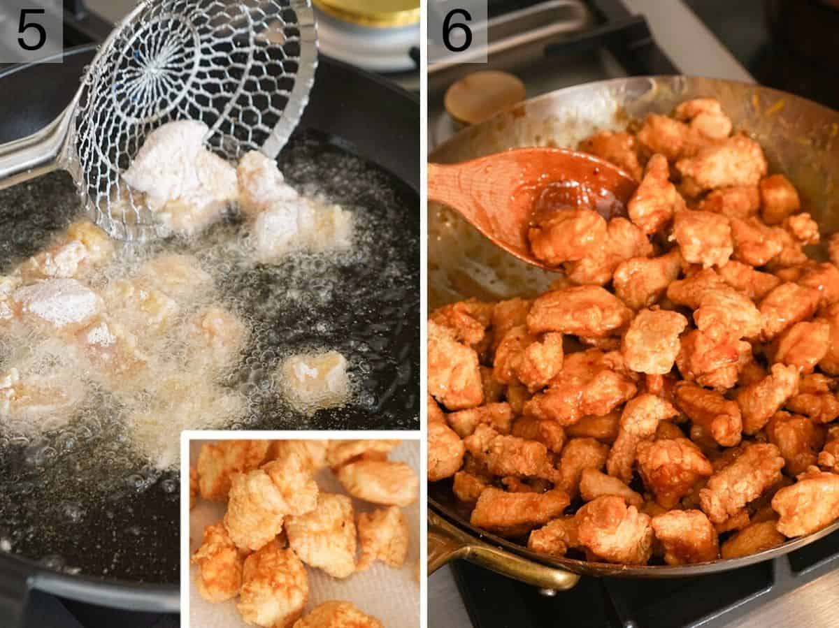 Two photos showing how to fry orange chicken and mix it with sauce