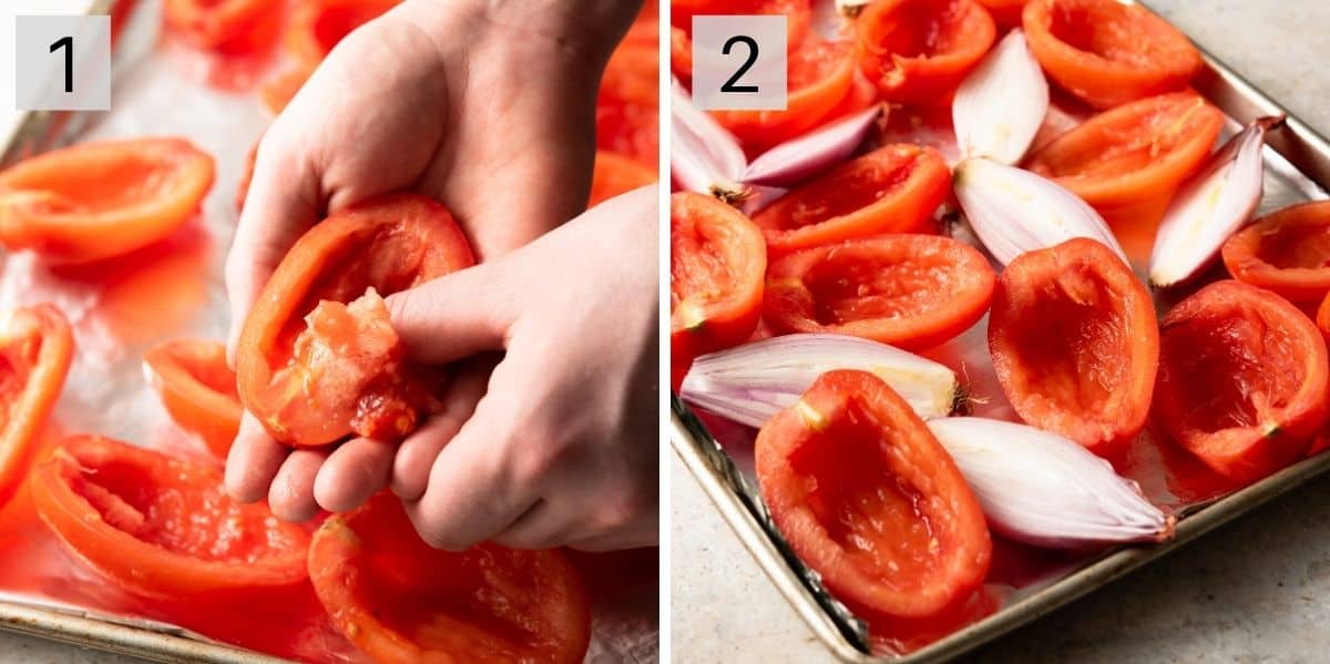 Two photos showing how to prepare tomatoes for roasting
