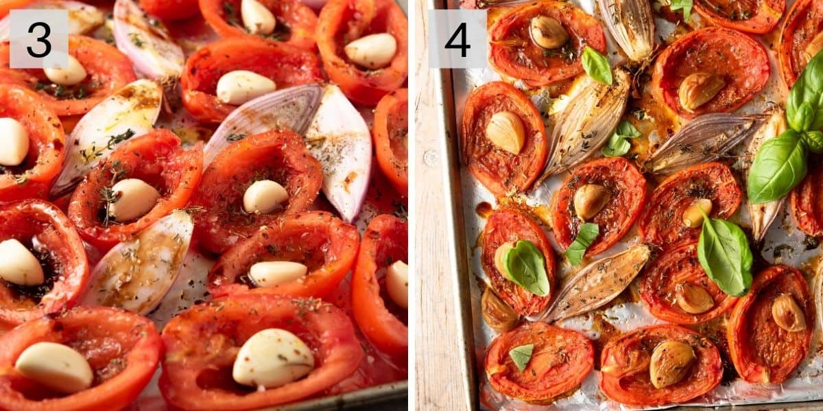 Two photos showing what tomatoes look like before and after roasting