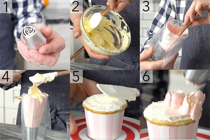A photo grid showing the steps to pipe buttercream flowers with Russian piping tips.