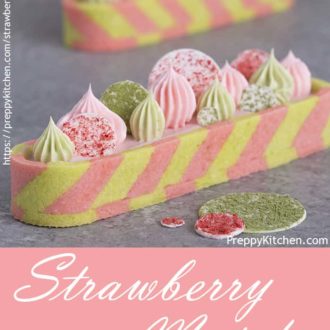 strawberry matcha tart in a pink and green striped tart shell