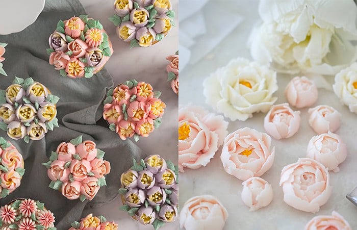 A side by side comparison of buttercream flowers made with Russian piping tips on the left and a petal tip on the right.