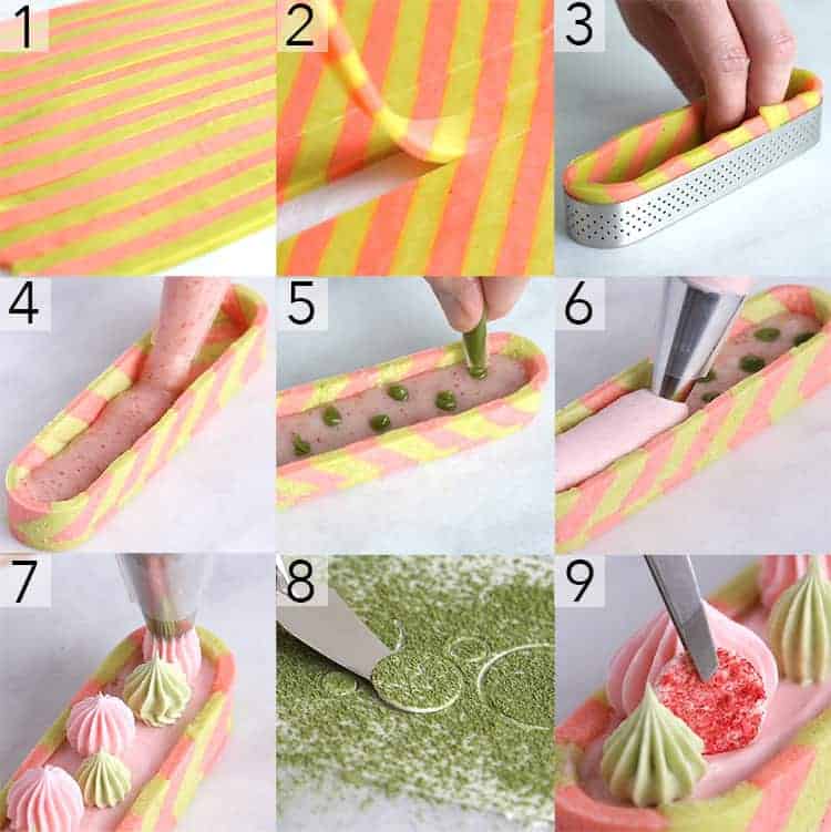 a photo collage showing the steps to make a strawberry matcha tart