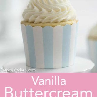 A pinterest graphic of a cupcake with vanilla buttercream frosting