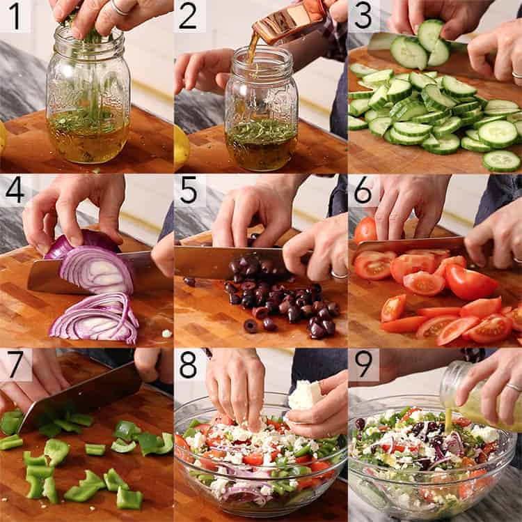 A photo grid showing the steps to make Greek Salad