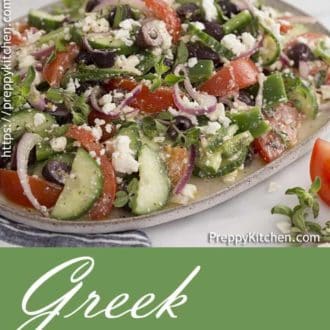 Pinterest graphic of a platter of Greek salad.