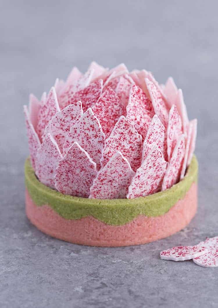 A lotus-shaped tart with strawberry flavored petals.