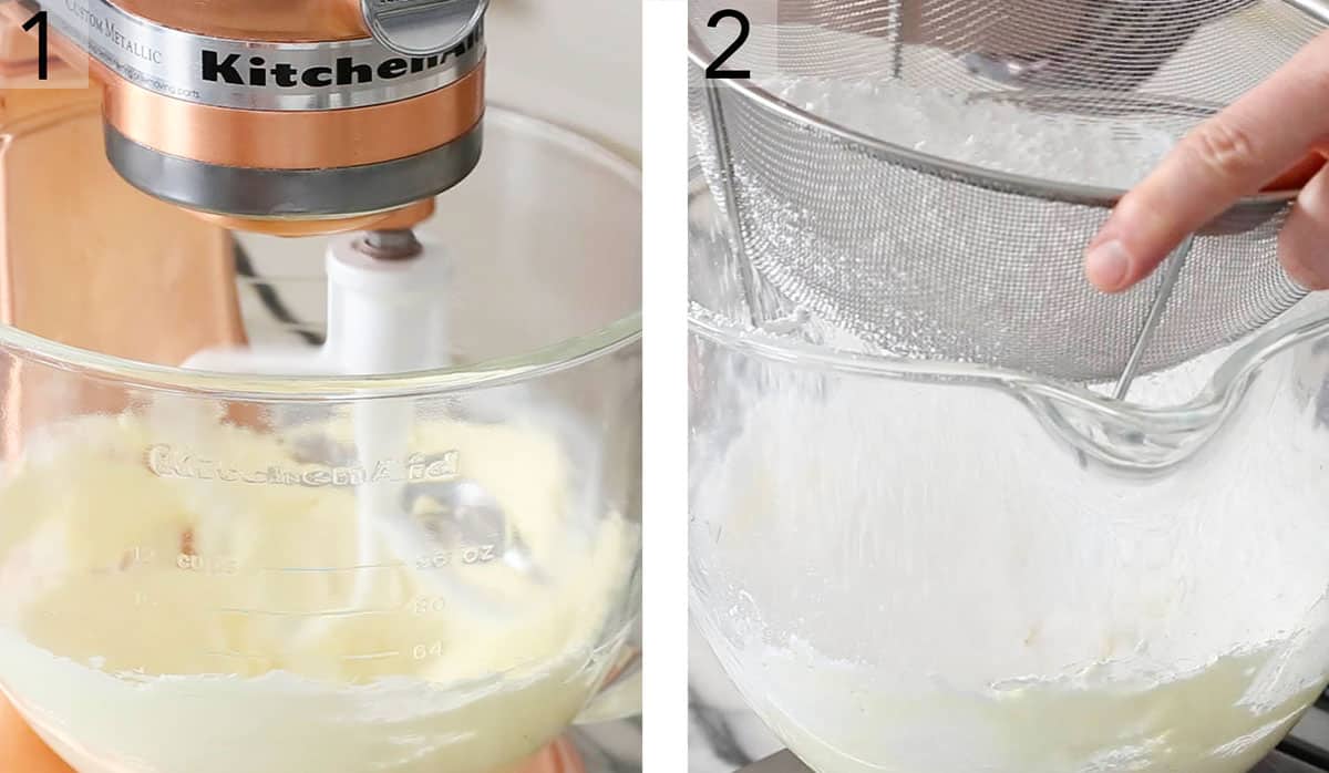 Powdered sugar getting sifted into a bowl of butter.